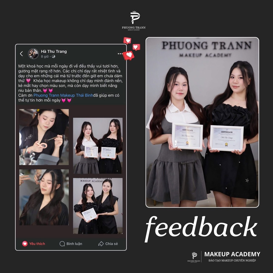 Bài đăng Facebook của học viên Hà Thu Trang sau khoá makeup cá nhân