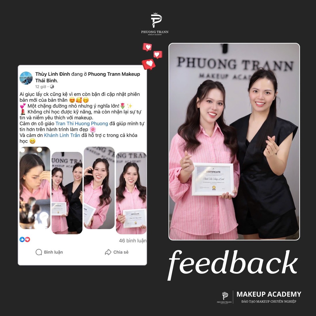 Bài đăng Facebook của học viên Thùy Linh sau khoá makeup cá nhân