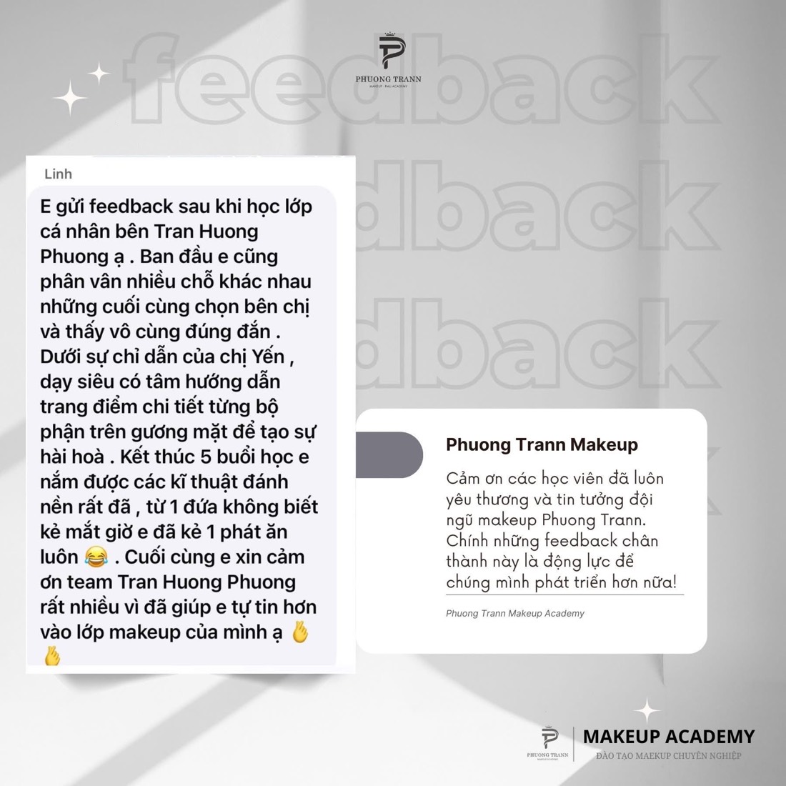 Tin nhắn feedback của học viên sau 5 buổi học makeup cá nhân